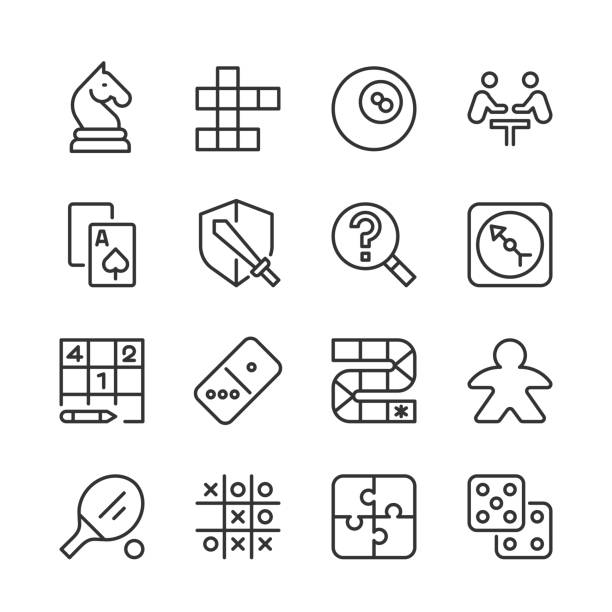 Tabletop Games Icons 1 — Monoline Series Vector outline icon set appropriate for web and print applications. Designed in 48 x 48 pixel square with 2px editable stroke. Pixel perfect. puzzle symbols stock illustrations