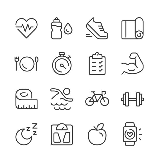 Health & Fitness Icons — Monoline Series Vector outline icon set appropriate for web and print applications. Designed in 48 x 48 pixel square with 2px editable stroke. Pixel perfect. fitness tracker illustration stock illustrations