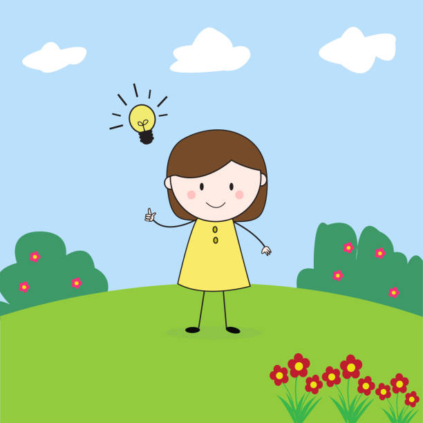 Cute Girl Got Idea In The Garden. Perfect for Children book illustration, game assets, etc Cute Girl Got Idea In The Garden. Perfect for Children book illustration, game assets, etc the perfect game stock illustrations