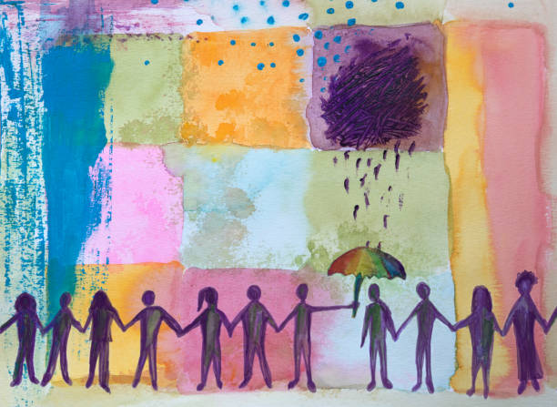 ludzie trzymający się za ręce i oferujący pomoc osobie w potrzebie. koncepcja opieki, wsparcie emocjonalne. - protective varnish stock illustrations