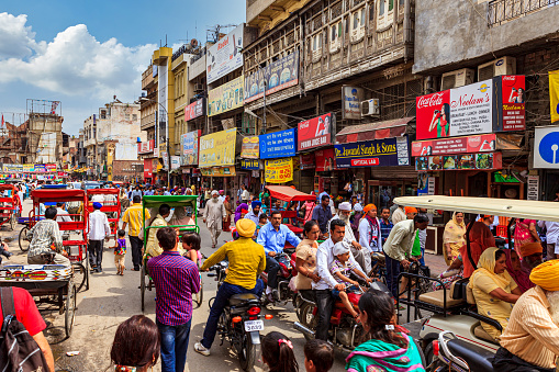 New Delhi, Dehli, India - April 20, 2013: Traffic and crowed in the streets of New Delhi in India