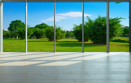 Through the floor-to-ceiling windows, the green grass and woods of the city park