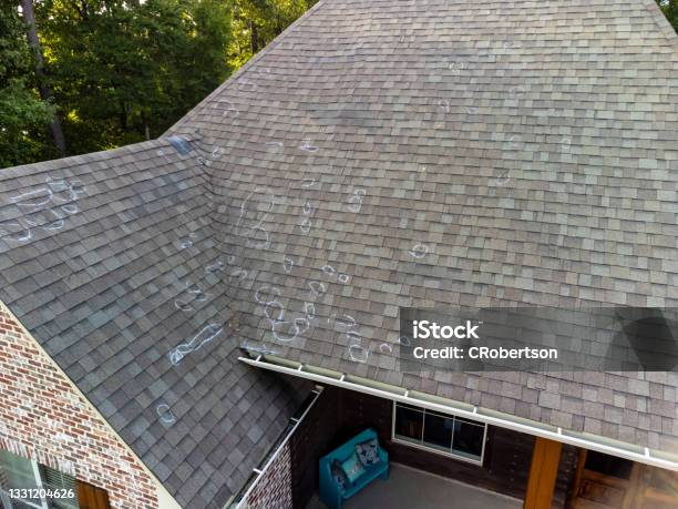 Roof With Hail Damage And Markings From Inspection Stock Photo - Download Image Now - Rooftop, Damaged, Hail