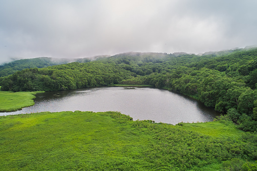 The lake and the river flowing into it in the foothills. Shooting from a drone.