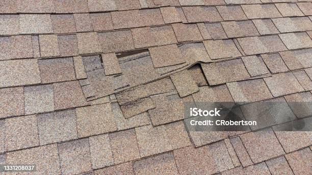 Damaged Roof Shingles Stock Photo - Download Image Now - Rooftop, Damaged, Storm