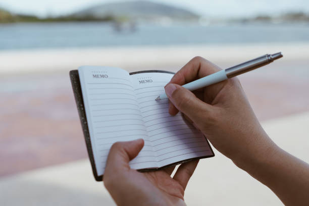 istock Woman hand writing down in small white memo notebook for take a note not to forget or to do list plan for future. 1331217041