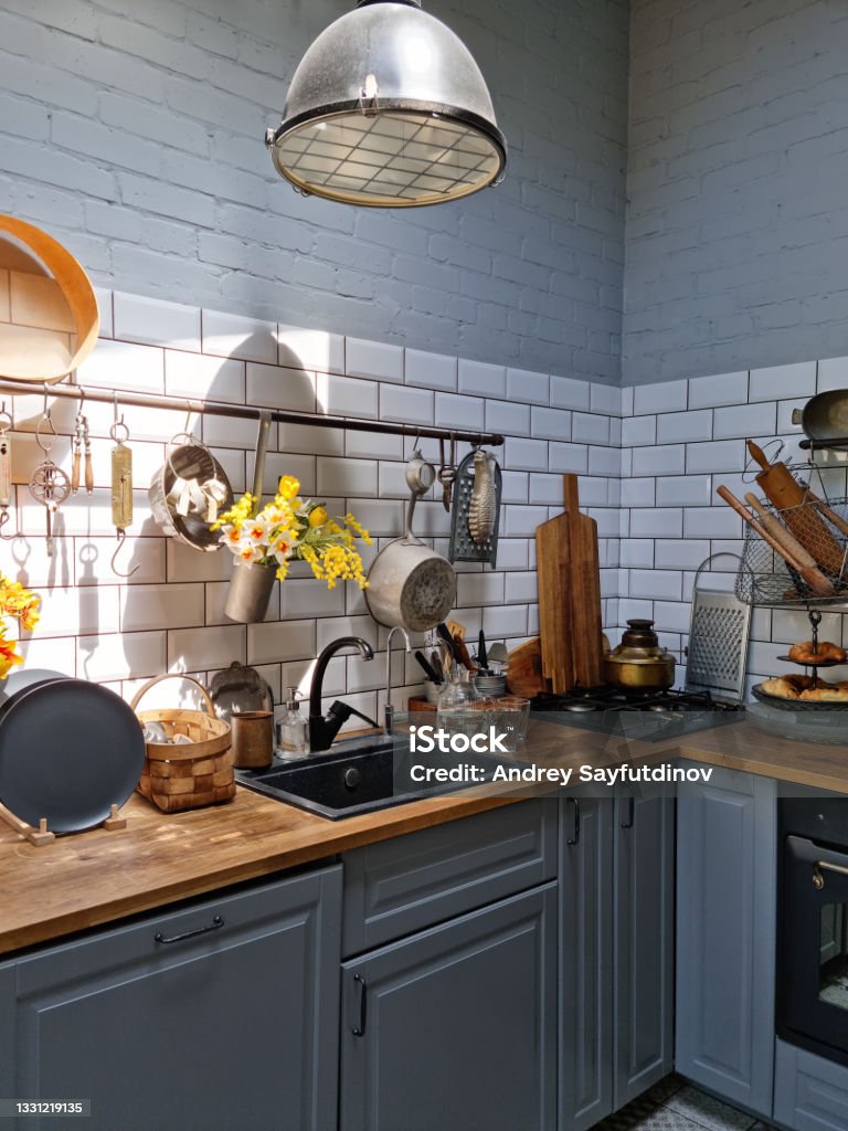 retro style kitchen in a country house. kitchen utensils. retro style kitchen in a country house. kitchen utensils. repair in the house. purchase and rental of real estate for summer holidays. Kitchen Stock Photo