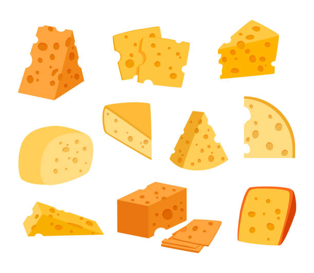 stockillustraties, clipart, cartoons en iconen met cheese pieces. dairy products. cartoon bites of maasdam with hollows and holes. gouda slices. cow milk food set. isolated porous parts. gourmet snacks. vector natural delicious meal - cheese