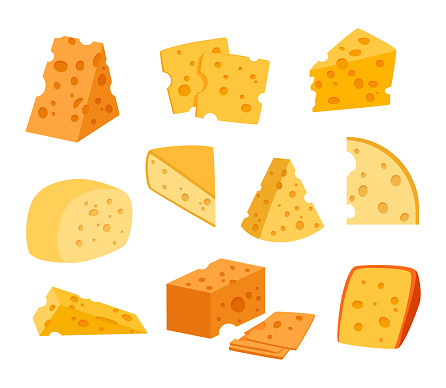 Cheese pieces. Dairy products. Cartoon bites of maasdam with hollows and holes. Organic gouda slices. Cow milk food set. Isolated yellow porous parts. Gourmet snacks. Vector natural delicious meal