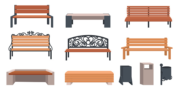 Garden bench. Cartoon wooden and wicker furniture for streets and parks. Isolated outdoor municipal chairs set. Urban metal rubbish bins. Vector town landscape seats or trash cans for public places
