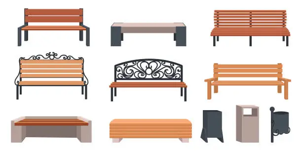 Vector illustration of Garden bench. Cartoon wooden and wicker furniture for streets and parks. Outdoor municipal chairs set. Urban metal rubbish bins. Vector landscape seats or trash cans for public places