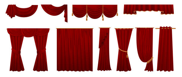 istock Red curtains. Cartoon window interior decoration elements. Velvet fabric and luxury kitchen textile. Theater stage and opera scene drapery. Hanging cloth. Vector drape templates set 1331220370