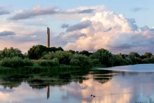 A tranquil, peaceful landscape view of the Northampton Lift tower after a stormy day