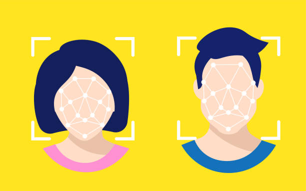 Face recognition system concept. Biometric, facial recognition, recognition and verification vector illustration of a man and woman. Portrait of man and woman with only face silhouette. Two people have white facial scanner lines on their faces. Face scanning concept. Background solid yellow color. facial recognition woman stock illustrations