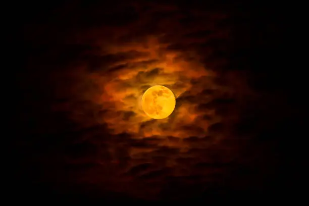 Photo of A bright full moon in full splendor illuminates the night sky with a mystical halo. The Blood Moon on Halloween night. Natural background.