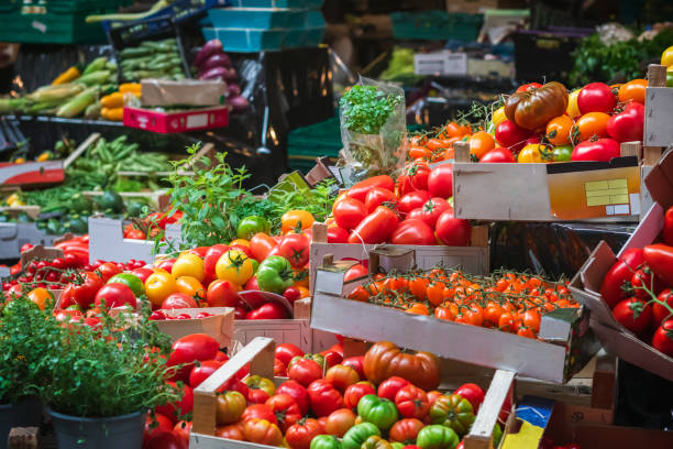 fresh tomato varieties on display in borough market, london - english tomato imagens e fotografias de stock