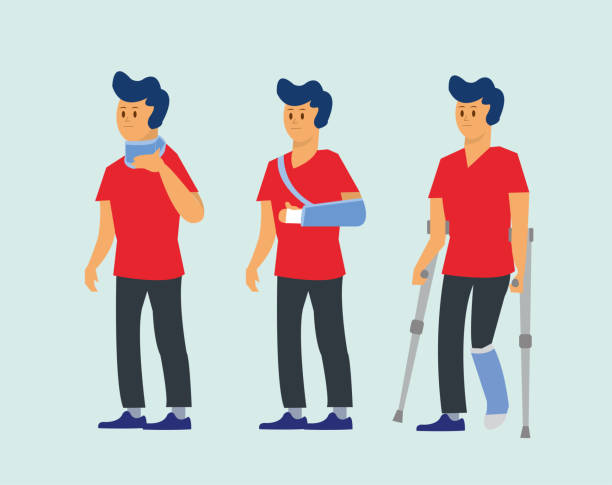 Illustration of injured man with broken arm, leg, neck. Concept of man wearing crutches and various medical items. Vector cartoon illustration of injured young male. Three different drawings of the injured man. Concept of man with broken neck, man with broken arm and man with broken left leg. Young male using medical collar, arm cuff and scepter. He is wearing a red tshirt. Background solid blue color. man sitting with a bandage on his leg stock illustrations