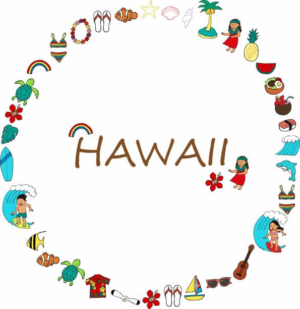 ハワイのアイコンの丸いフレーム(テキスト付き) - text surfing surf palm tree点のイラスト素材／クリップアート素材／マンガ素材／アイコン素材