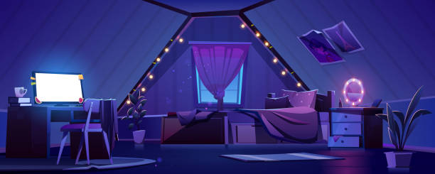istock Girl bedroom interior on attic at night 1331234744