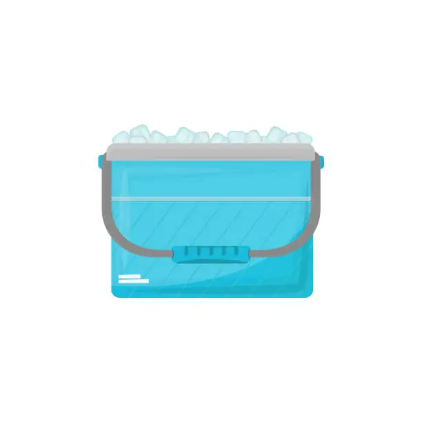 Vector illustration of refrigerator bag is blue on white background. An open ice box. Portable portable cooler for road trips, trips to beach and taking medications. Vector illustration, flat