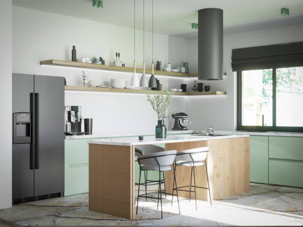 istock 3d rendering of modern wooden and olive kitchen interior design. Perspective view. 1331235794