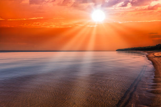 Orange Sunset on the Baltic Sea in Summer with Sun rays