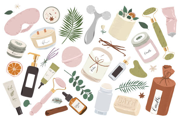 Various beauty skin care tools and treatments, serum, moisturizer, sleeping mask, facial roller massager and scented candle, wellness and wellbeing concept, isolated vector illustrations Various beauty skin care tools and treatments, skincare routine, moisturizer, sleeping mask, facial roller massager and scented candle, wellness and wellbeing concept, isolated vector illustrations facial mask beauty product illustrations stock illustrations
