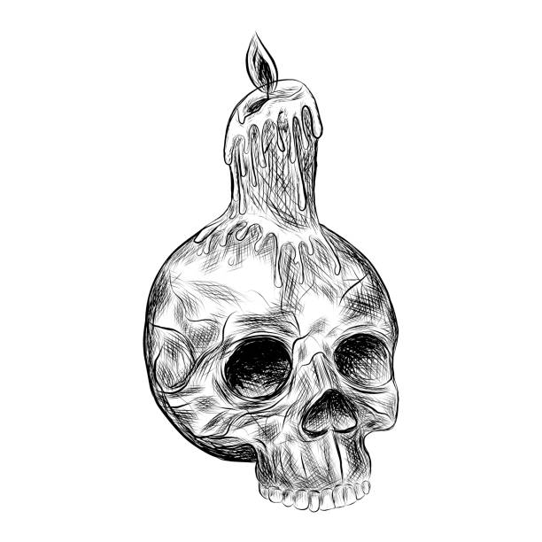 эскиз черепа со свечами, контурная иллюстрация черного цвета, изолированного на белом фоне - human skeleton halloween skull human bone stock illustrations