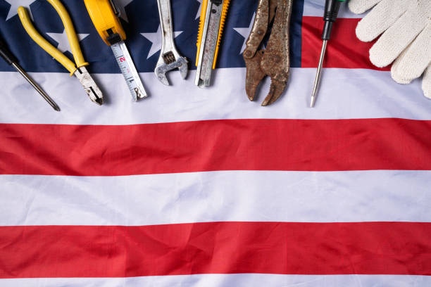 istock Top view design concept of American Labor Day with working tools. 1331237410