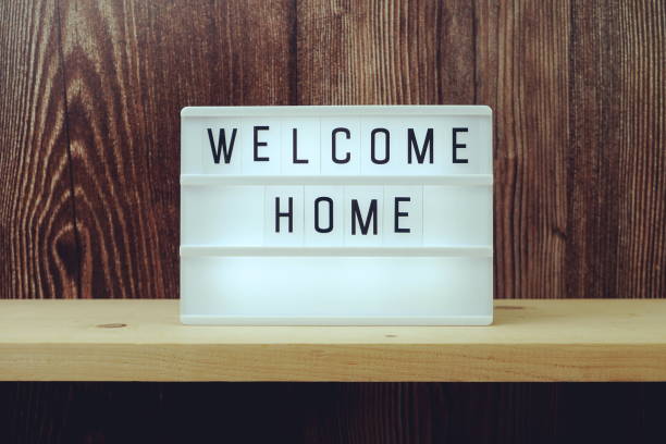 Welcome Home word in light box on wooden background