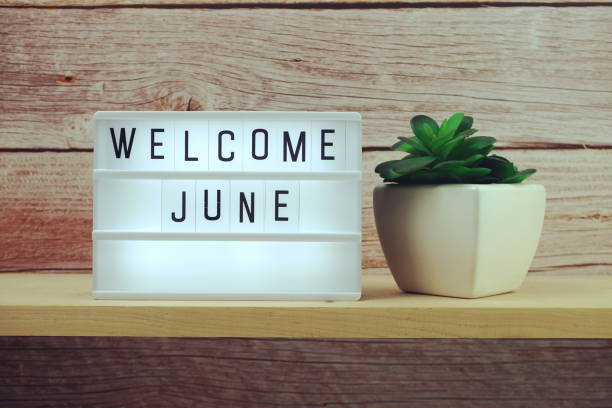 istock Welcome June word in light box on wooden shelves background 1331237509