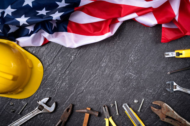 istock Top view design concept of American Labor Day with working tools. 1331237562