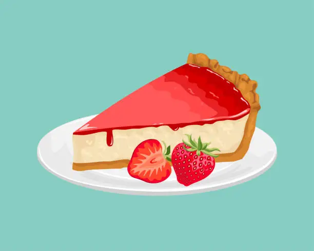 Vector illustration of Strawberry cheesecake on a white plate isolated. Vector illustration of sweet milk berry cake in cartoon flat style.