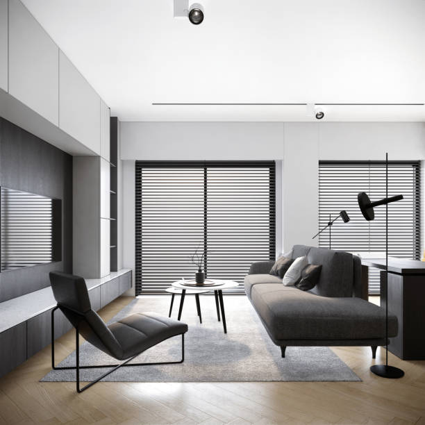 istock modern black and white living room, trendy japandi interior design 1331239988