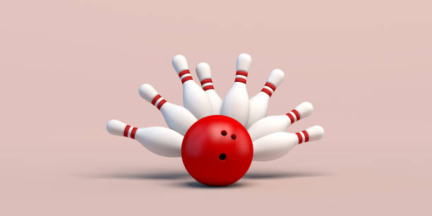 istock Ball hitting pins on light background. Game concept. Bowling. 3D illustration. Copy space. 1331240392