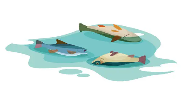 Vector illustration of Poisoned dead fish in a dirty water
