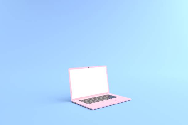 istock 3D rendering of mockups pink laptop white screen on blue floor, Pink laptops lay down on ground. Laptop white screen can be used for commercial advertising, Business idea, Isolated on blue background. 1331245953