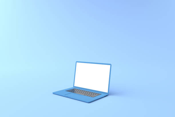 3D rendering of mockups blue laptop white screen on blue floor, Blue laptops lay down on ground. Laptop white screen can be used for commercial advertising, Business idea, Isolated on blue background.