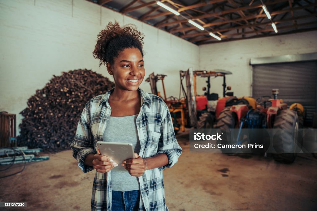 Mixed race female standing in farm store room organising layout using digital tablet Mixed race female farmer standing in farm store room organising layout using digital tablet . High quality photo Agriculture Stock Photo