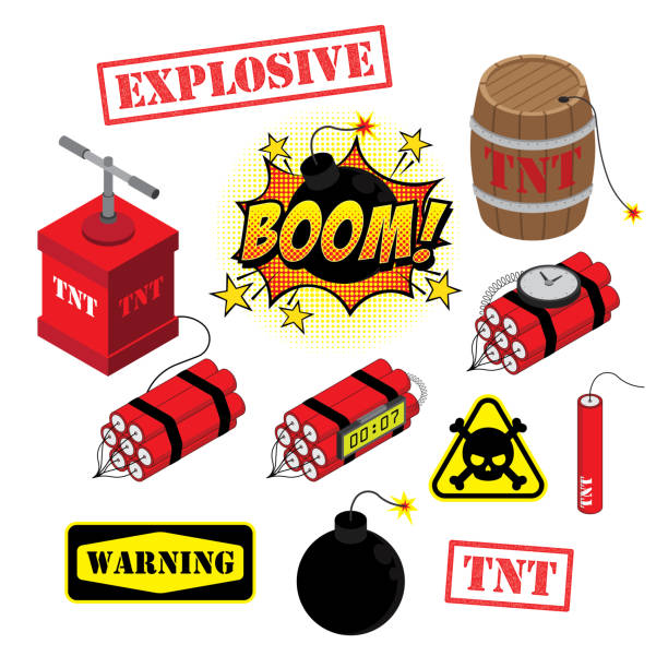 TNT Explosive Ticking Bomb BOOM Explosion Vector Illustration Set Vector illustration set of TNT, explosive, ticking bomb, TNT barrel, warning and danger sign, rubber stamps, BOOM comics style text, explosion in isometric projection and flat design. tnt-explosion stock illustrations