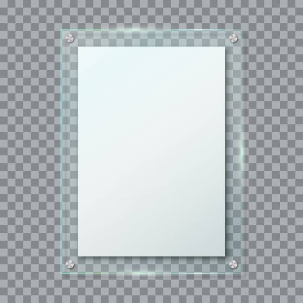 Realistic blank poster in glass frame hanging on wall isolated on transparent background Realistic blank poster in glass frame hanging on wall isolated on transparent background. Clear vertical acrylic name plate with mounting brackets. Banner plexiglass holder. 3d vector illustration plexiglas stock illustrations