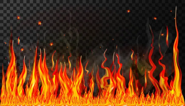 Vector illustration of Flames and smoke with sparks of fire on a transparent background for use in dark illustrations. A horizontal wall of fire. Transparency is only in vector format. Illustration in a realistic style