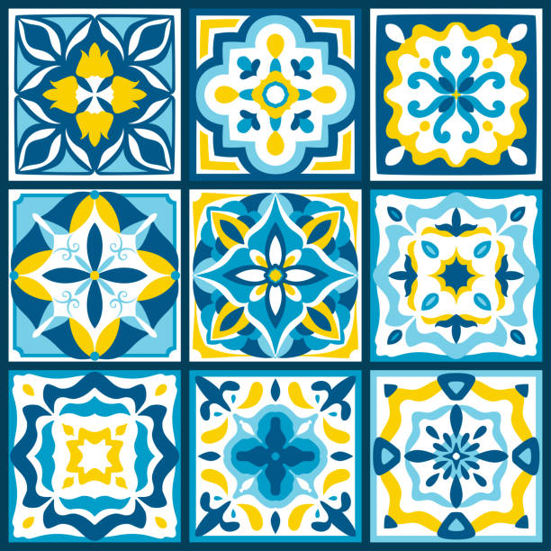 Ceramic majolica tile pattern. Sicily , mexican talavera, portuguese azulejo decor. Mediterranean Italian, Spanish art for floor, kitchen, textile. Design of pottery ornaments in blue and yellow color italian culture stock illustrations