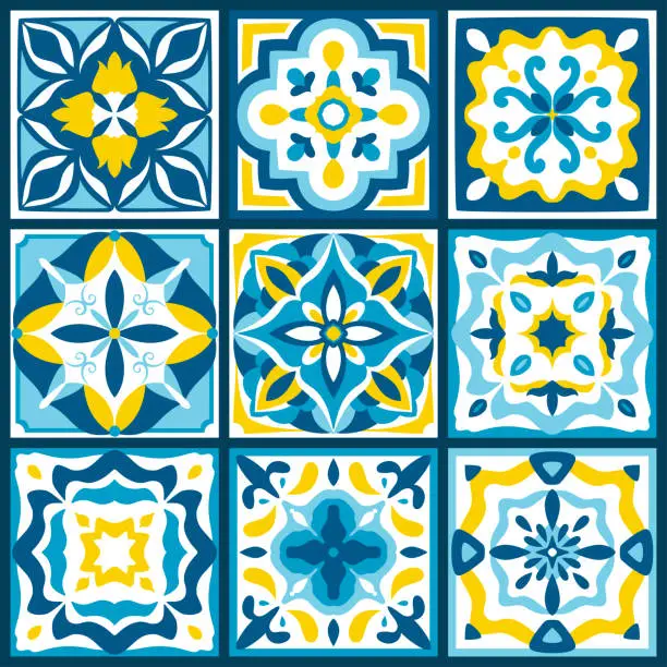 Vector illustration of Ceramic majolica tile pattern. Sicily , mexican talavera, portuguese azulejo decor. Mediterranean Italian, Spanish art for floor, kitchen, textile.
