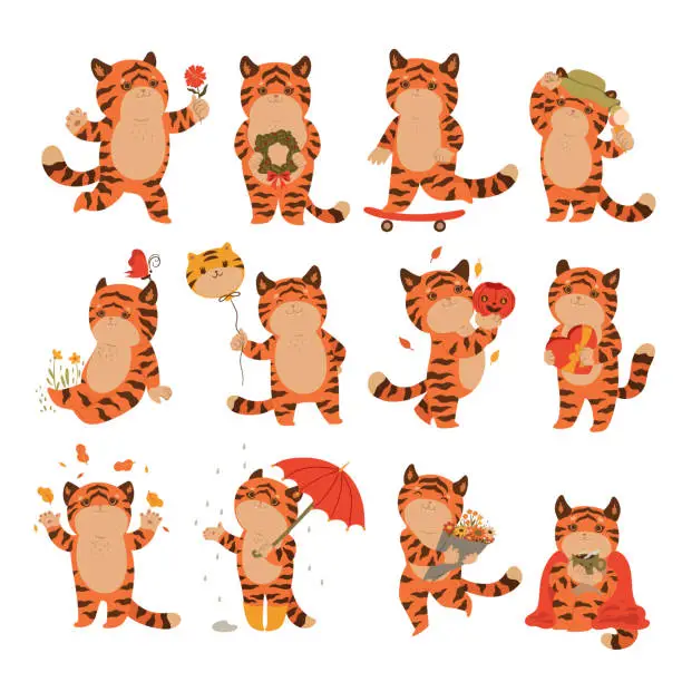 Vector illustration of Set of cute tigers isolated on a white background. Vector graphics.