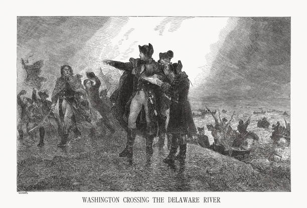 ilustrações de stock, clip art, desenhos animados e ícones de washington crossing the delaware (1776), wood engraving, published ca. 1880 - american revolution british empire george washington engraving