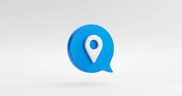 Blue location pictogram icon symbol or map pointer marker navigation pin gps mark isolated on white background with position place and flat design. 3D rendering.