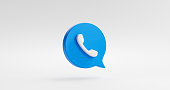 Blue phone icon or contact website mobile symbol isolated on classic communication telephone white background with service support hotline concept. 3D rendering.
