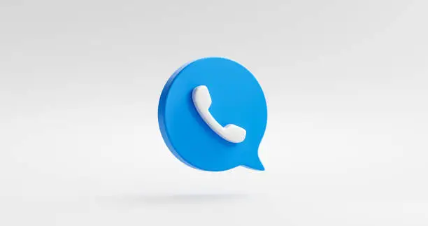 Blue phone icon or contact website mobile symbol isolated on classic communication telephone white background with service support hotline concept. 3D rendering.