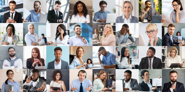 Set of male and female business portraits. Corporate employees of all ages and races showing various face expressions Mosaic of male and female business portraits. Corporate employees of different ages and races showing range of face expressions, performing work tasks, using modern technologies multiple image photos stock pictures, royalty-free photos & images